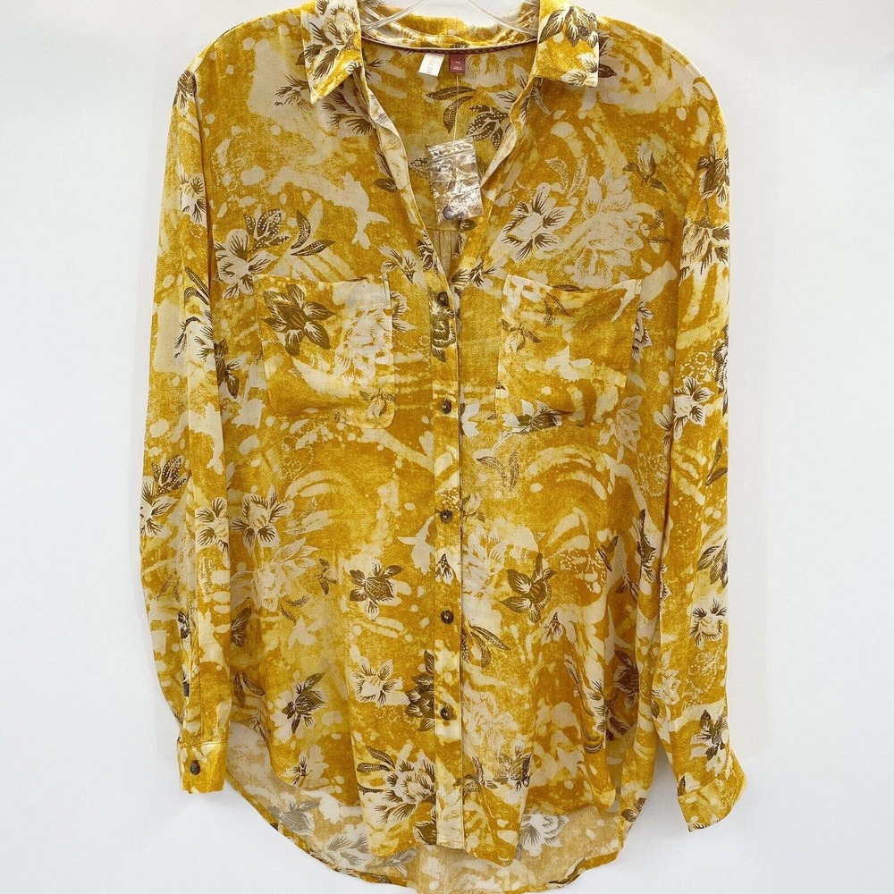 Pilcro Anthropologie The Romy Relaxed Button Up Shirt Size XS Yellow Floral